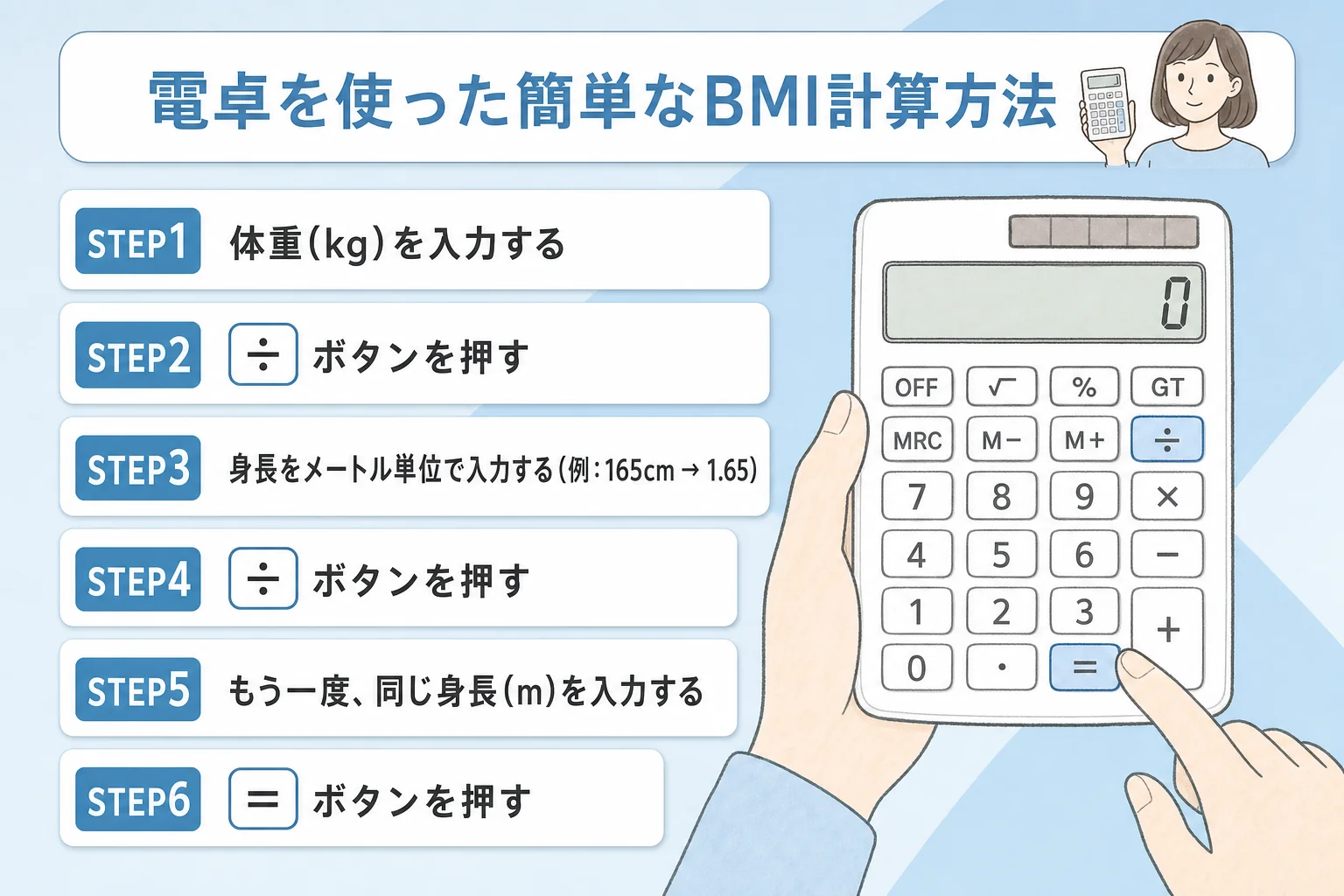 電卓を使ったBMIの計算手順一覧