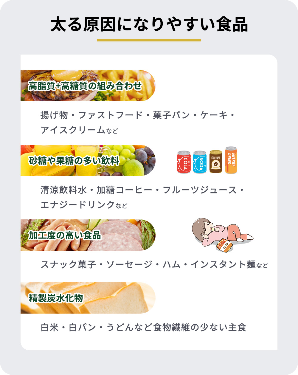 太る原因になりやすい食べ物一覧
