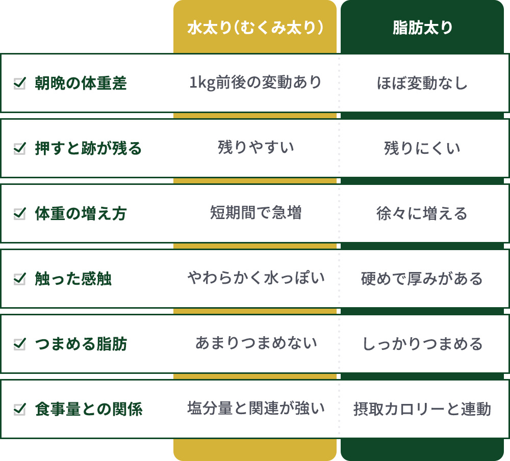 水太りと脂肪太りの違いまとめチェック表