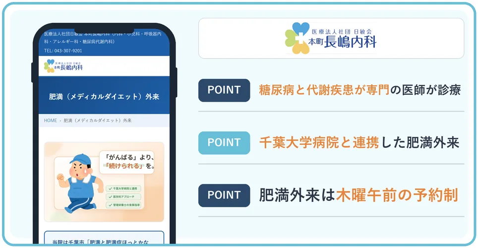 本町長嶋内科の肥満外来のページを開いたスマートフォンの画面