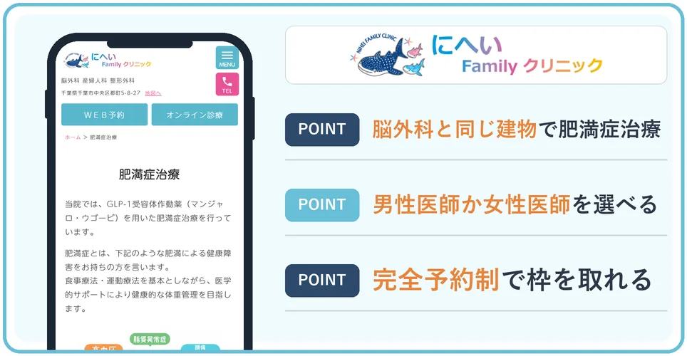 にへいファミリークリニック千葉の肥満症治療のページを表示したスマートフォンの画面