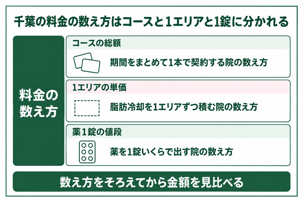 千葉の医療ダイエットをコースの総額と1エリアごとの単価で見分ける図