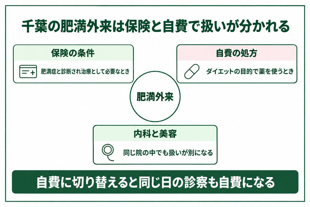 千葉の肥満外来で保険が関わる条件と自費の処方になる場合を並べた図