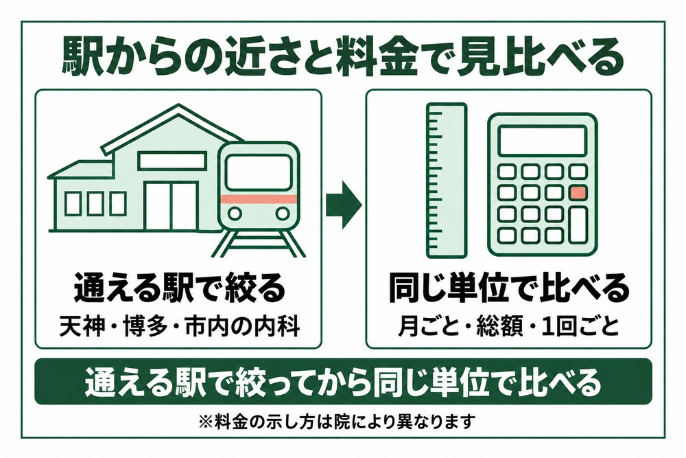 福岡で医療ダイエットを受けられるクリニックを駅からの近さと料金で見比べる図
