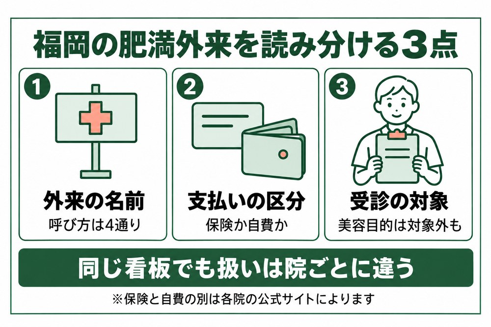 福岡の肥満外来を外来の名前と支払いの区分と受診の対象で読み分ける図