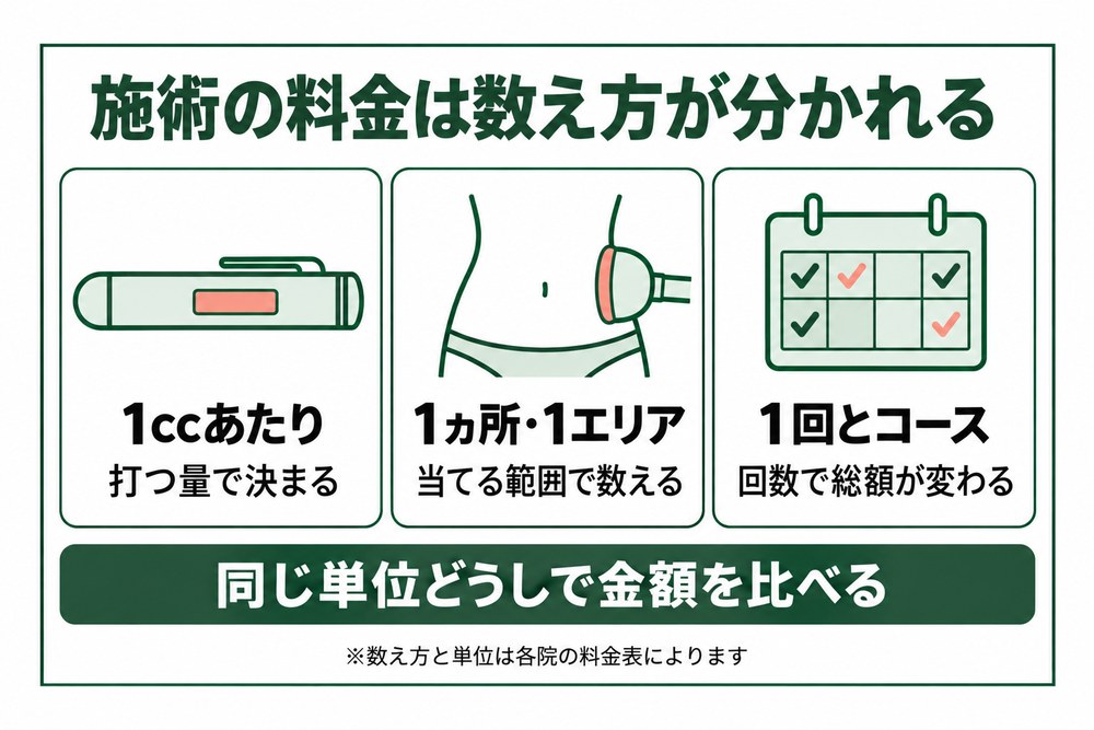 福岡で受けられる切らない施術の料金の数え方を示した図