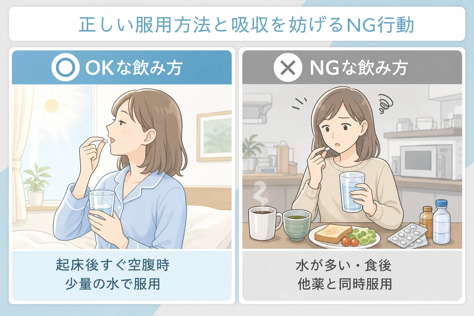 GLP-1の飲み薬を起床後すぐ少量の水で飲む正しい服用方法と、食後や多い水で飲むNGな飲み方を比較して説明