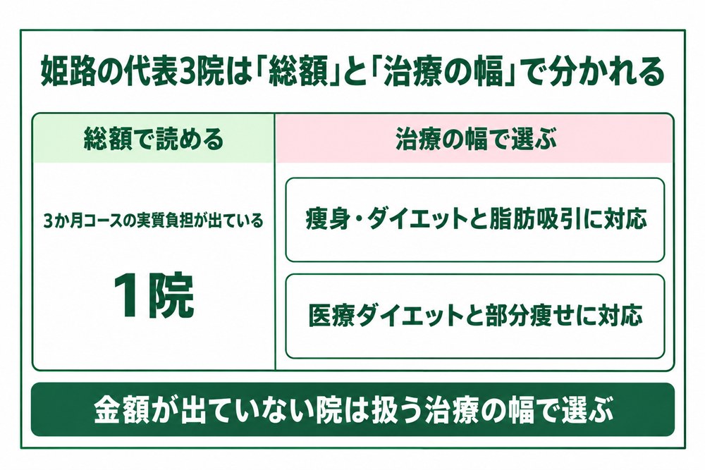 姫路の代表3院が3か月の総額で読める1院と扱う治療の幅で選ぶ2院に分かれることを示した図解
