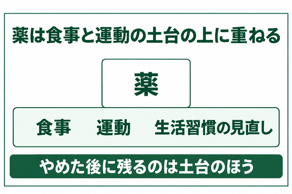 肥満症の治療は食事と運動と生活習慣の見直しを土台にして薬をその上に重ねる組み立てであることを示した図解