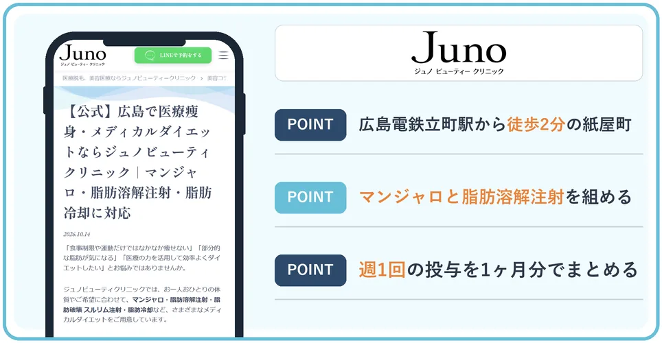 ジュノビューティークリニック広島院の公式サイトを映したスマホの写真