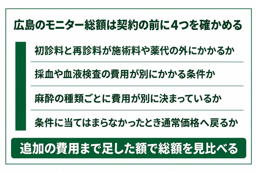 広島の医療ダイエットで契約前に確かめる追加費用と初回価格の条件を示した図