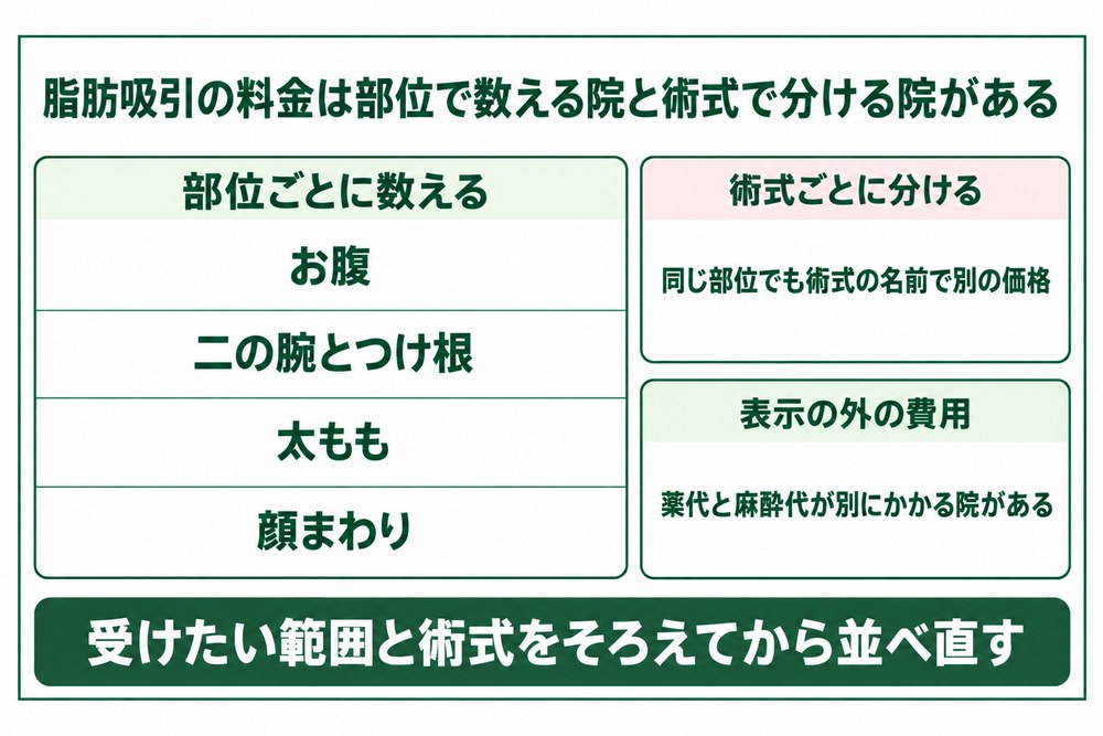 脂肪吸引の料金を部位ごとに数える院と術式ごとに分ける院の違いを示した図