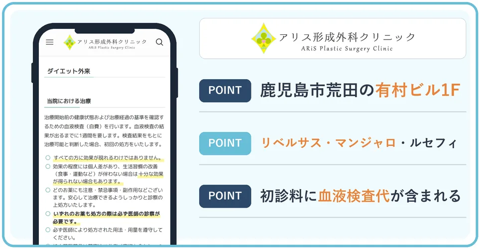 アリス形成外科クリニックの公式サイトを映したスマホの写真
