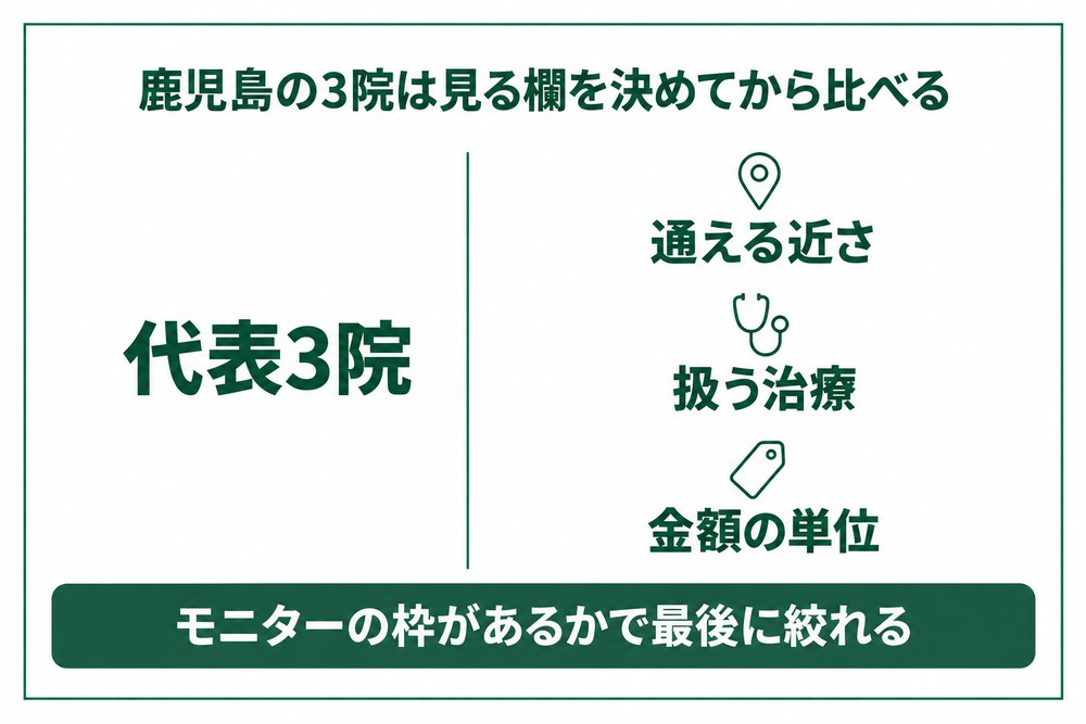 鹿児島の代表3院を通える近さと扱う治療と金額の単位で見分ける図