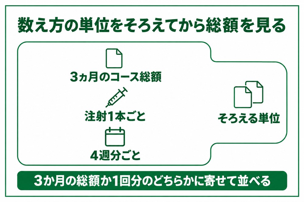 鹿児島の医療ダイエットのコース総額と単価を同じ単位にそろえてから数える図
