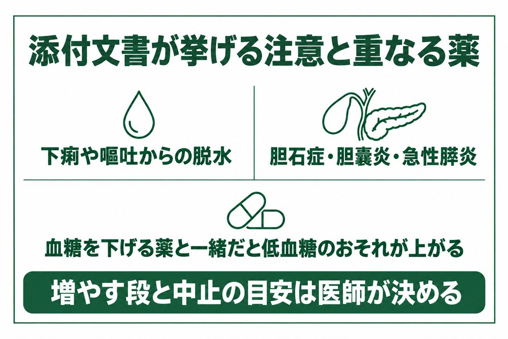 鹿児島の医療ダイエット薬の添付文書が挙げる注意と一緒に使うと注意が要る薬を分けた図