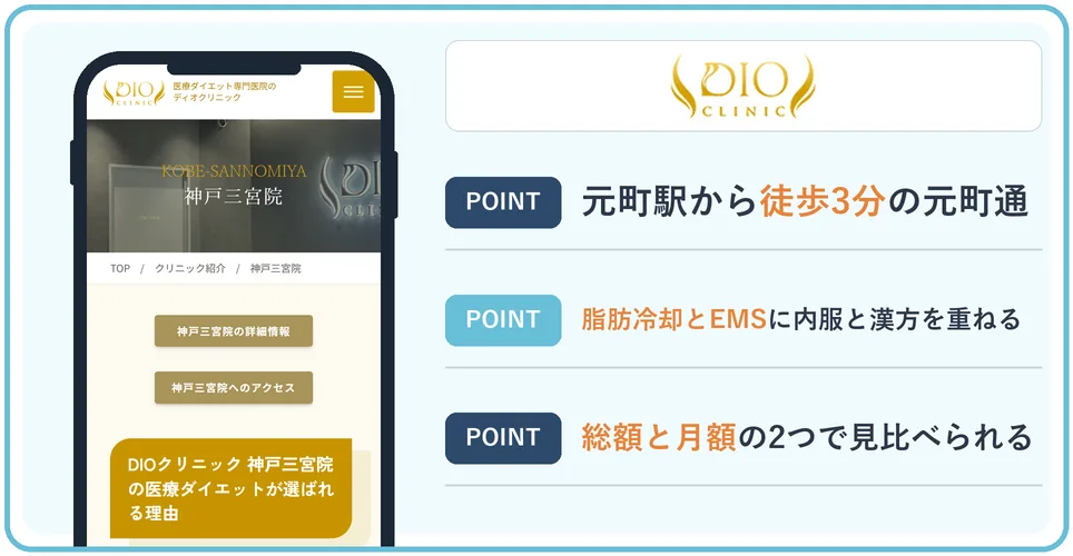 ディオクリニック神戸三宮院の公式サイトを映したスマホの写真