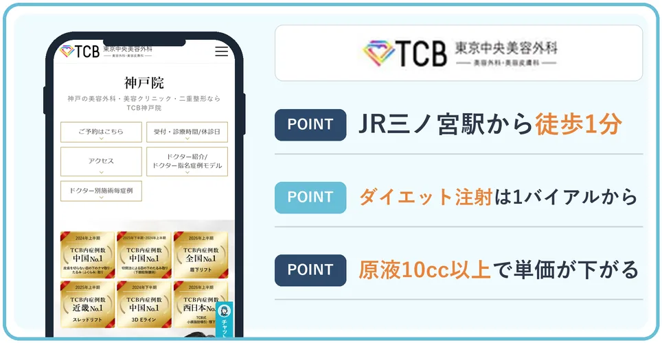 TCB東京中央美容外科神戸院の公式サイトを映したスマホの写真