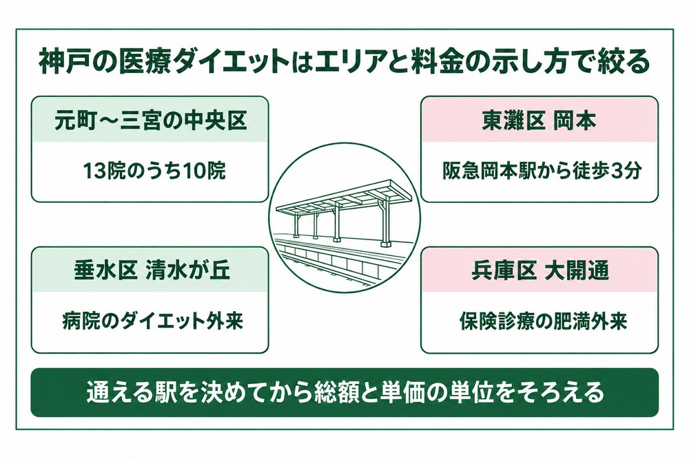 神戸の医療ダイエットを通えるエリアと料金の示し方で絞る図
