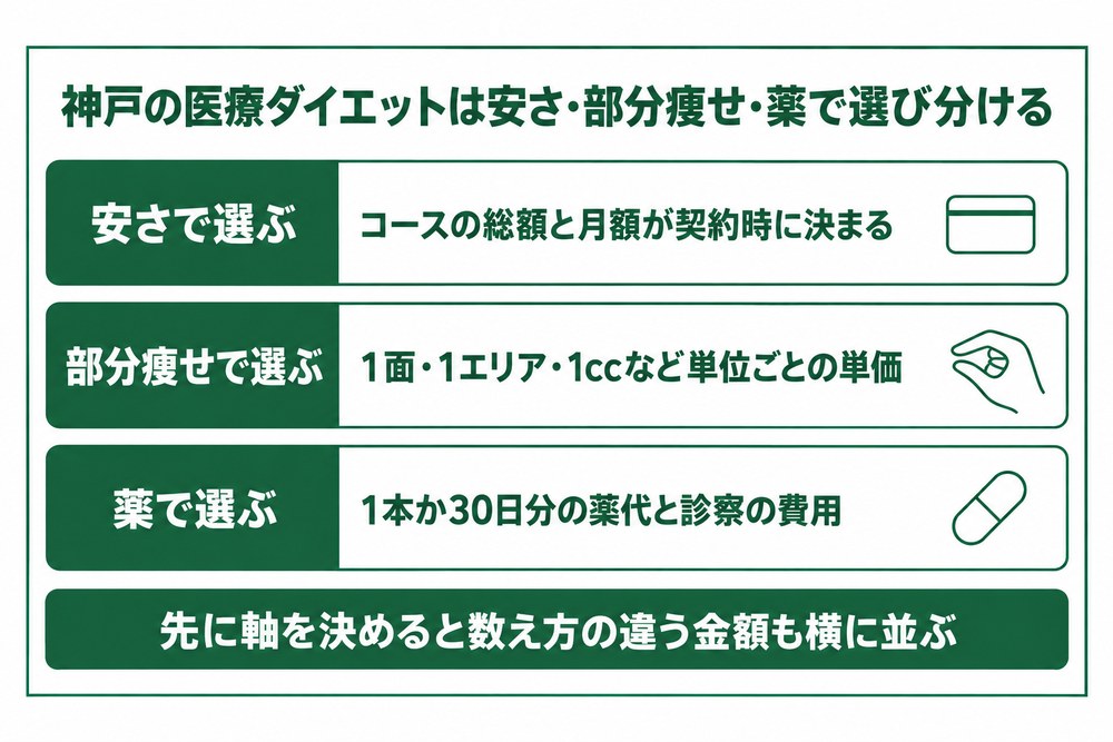 神戸の医療ダイエットを安さと部分痩せと薬の3つの軸で選び分ける図