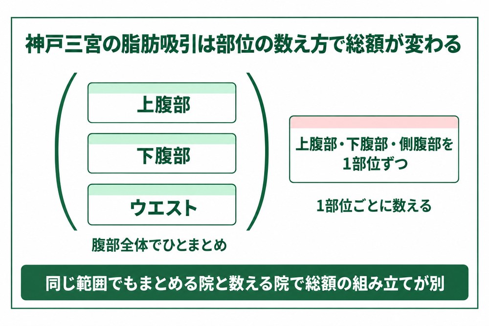 脂肪吸引の料金を1部位ごとに数える院と全体でまとめる院の違いを示した図