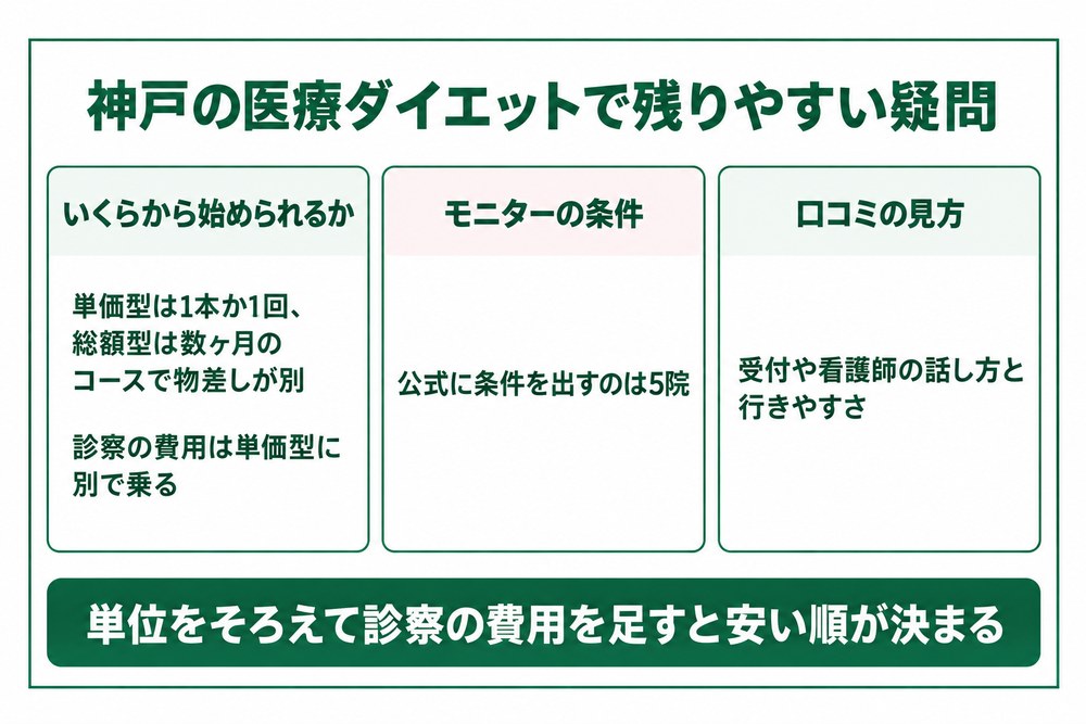 神戸の医療ダイエットでよくある質問のうち料金とモニターと口コミの見方を整理した図