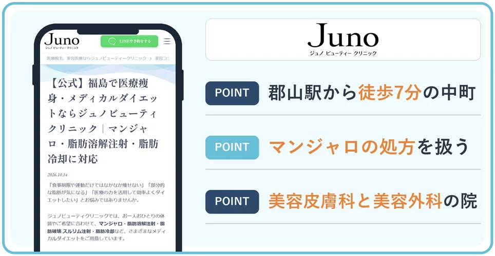 ジュノビューティークリニック福島院の公式サイトを映したスマホの写真