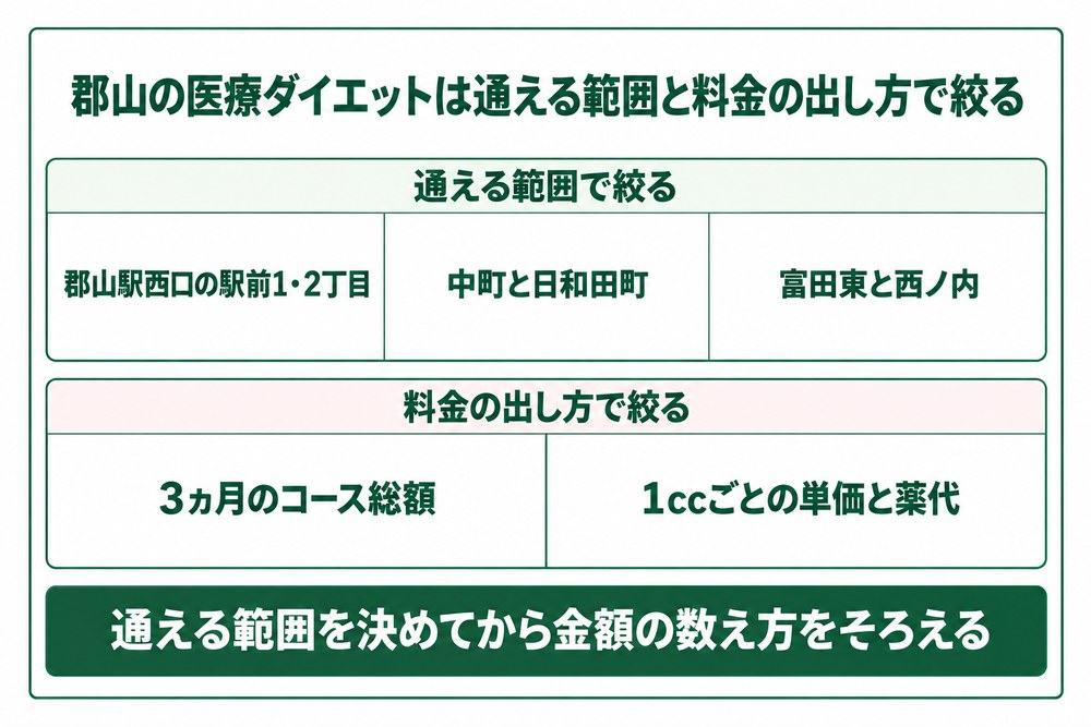 郡山の医療ダイエットを通える範囲と料金の出し方で絞る図