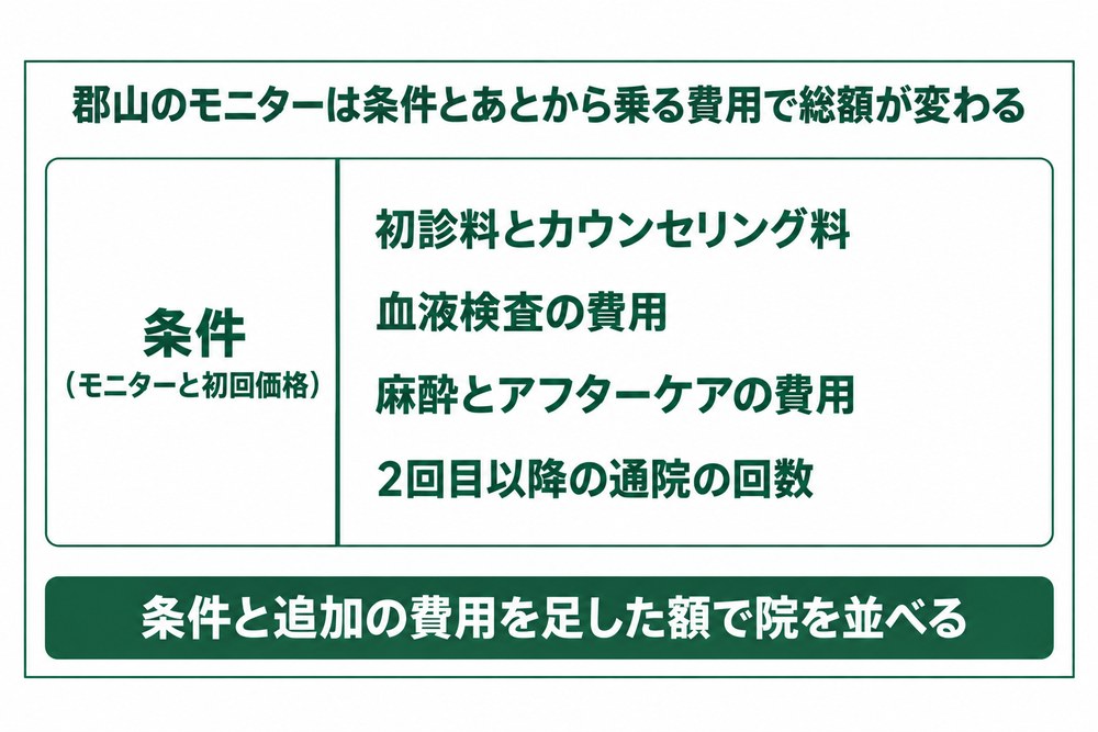 郡山の医療ダイエットのモニターの条件と総額に乗る費用を並べた図