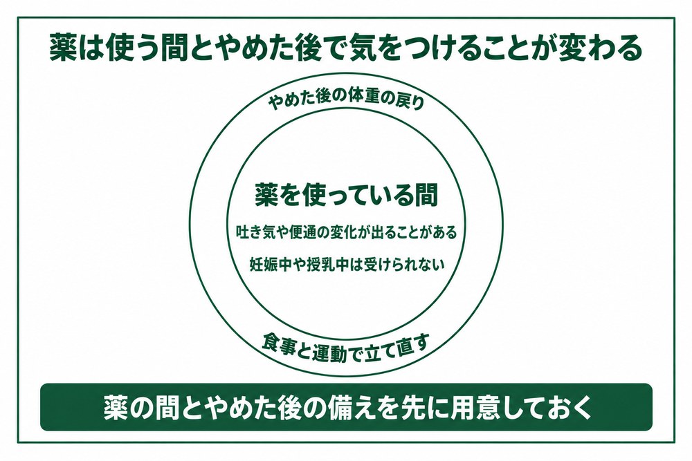 薬を使っている間と薬をやめた後に気をつけることを分けた図