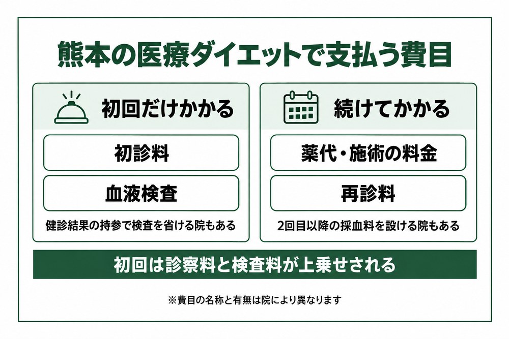 熊本の医療ダイエットで初回だけ上乗せされる費目と続けてかかる費目を示した図