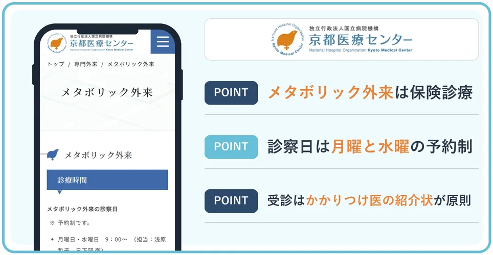 京都医療センターのメタボリック外来を案内する公式サイトを映したスマホの写真