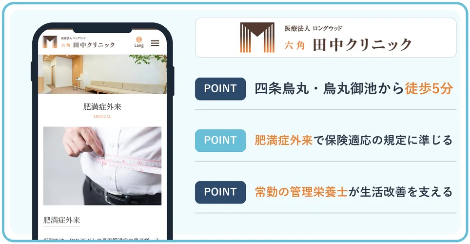 京都烏丸六角田中クリニックの肥満症外来を案内する公式サイトを映したスマホの写真