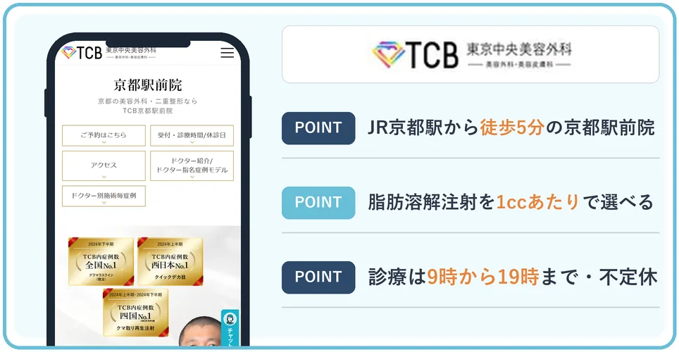 TCB東京中央美容外科京都駅前院の公式サイトを映したスマホの写真