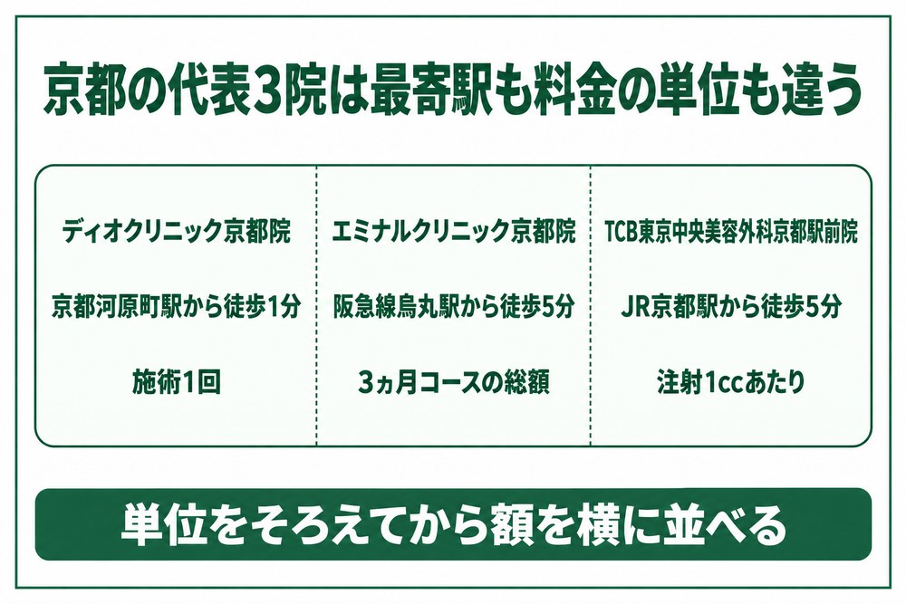 京都の代表3院を最寄駅と料金の単位で見分ける図