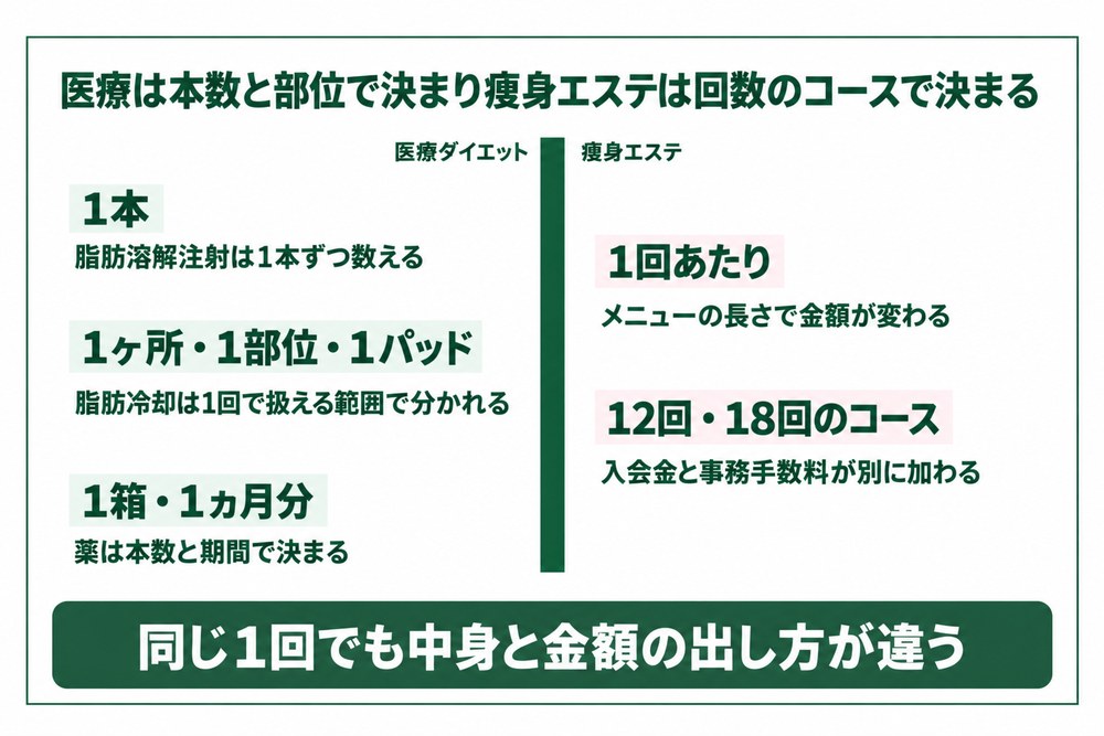 医療ダイエットは本数や部位で金額が決まり痩身エステは回数のコースで総額が決まる違いを示した図