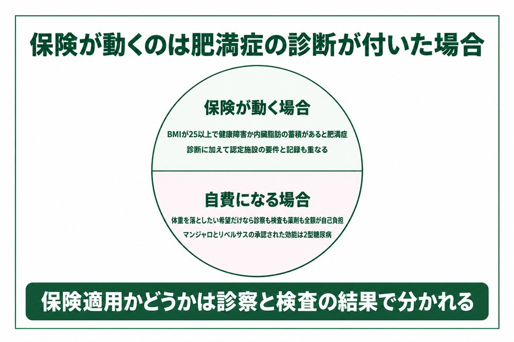 京都の肥満外来で保険が使える体格と合併症の条件と自費のダイエット外来の違いを比べた図