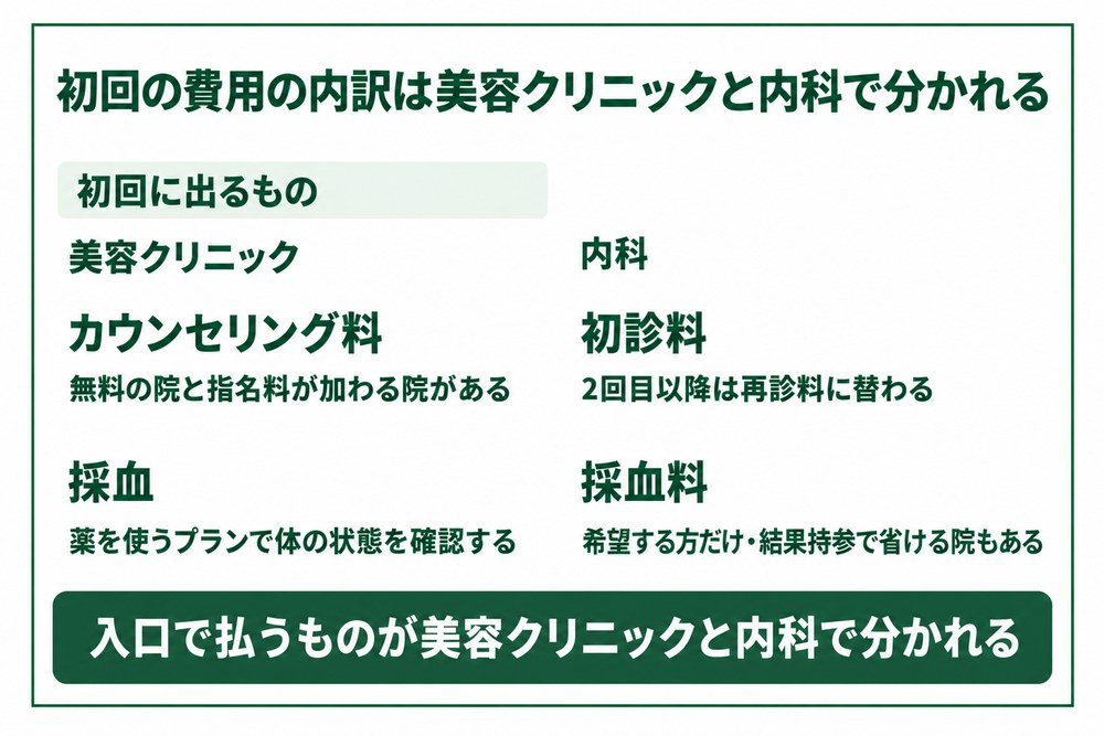 京都の美容クリニックと内科で初回の費用の内訳が分かれる様子を示した図
