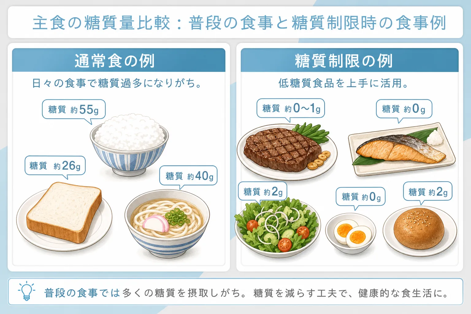 糖質制限ダイエットで食べる具体的なメニューを通常食と比較して説明