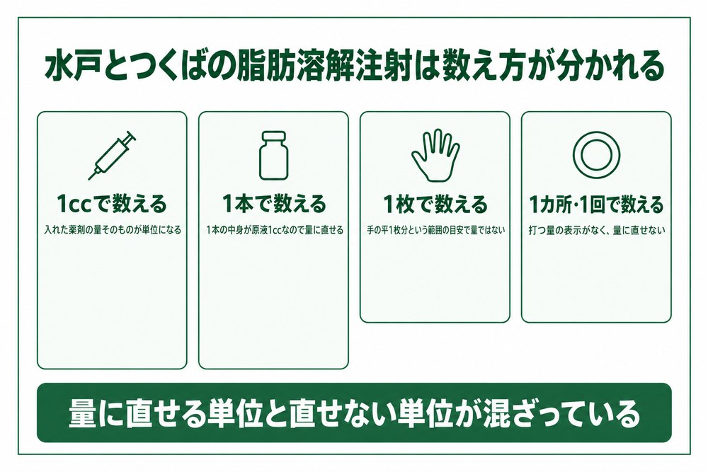 水戸とつくばの脂肪溶解注射は単位が4通りに分かれる図