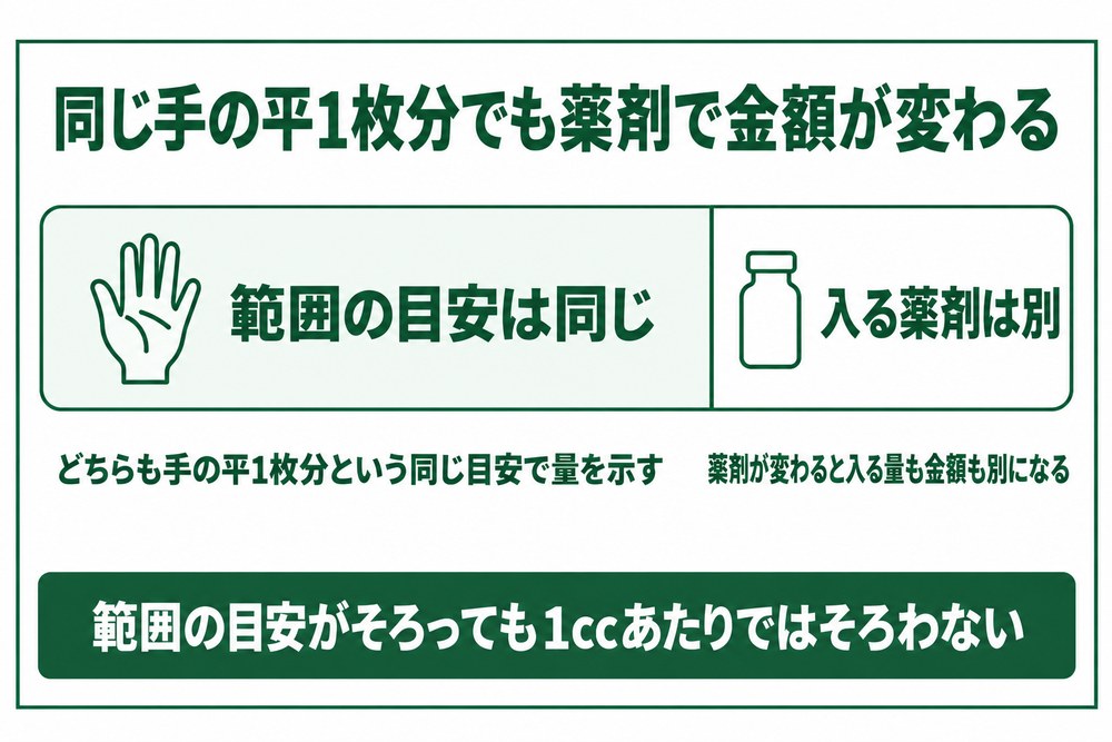 水戸の脂肪溶解注射は同じ手の平1枚分でも薬剤で金額が変わる図