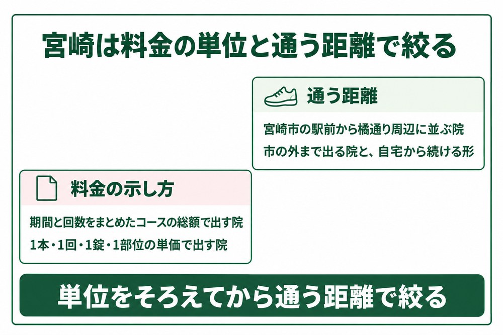 宮崎の医療ダイエットを料金の単位と通う距離で絞る図