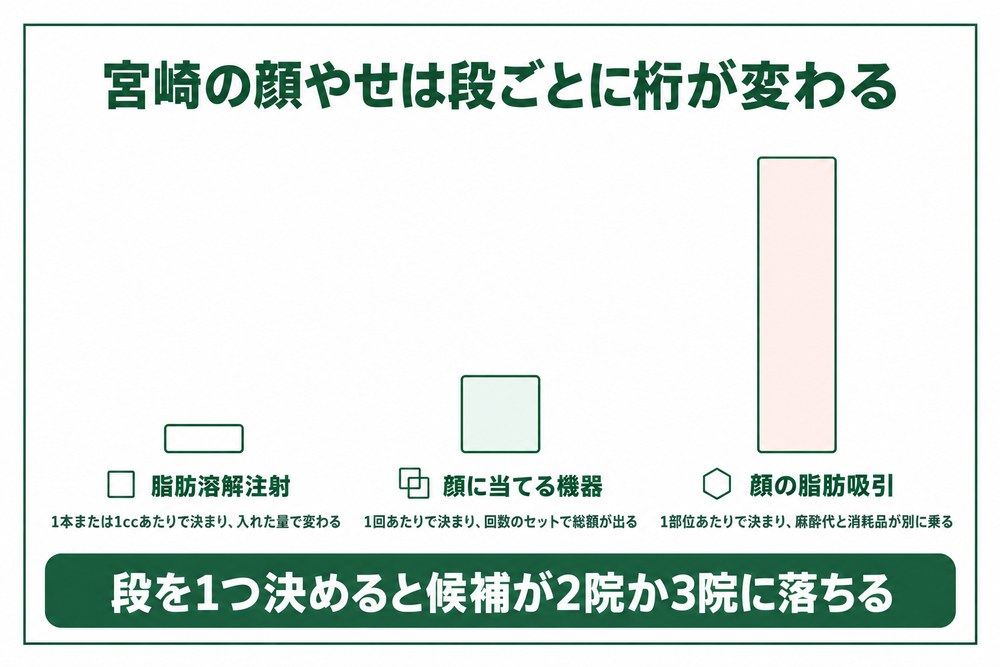 宮崎の顔やせは注射と機器と脂肪吸引の3つの段で桁が変わる図