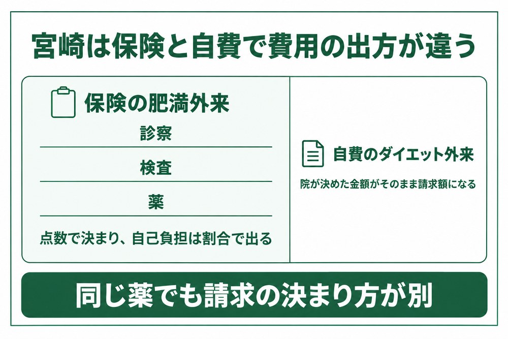 宮崎は保険の肥満外来と自費のダイエット外来で費用の出方が違う図