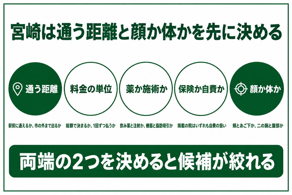 宮崎の医療ダイエットを通う距離と顔か体かで絞り込む図