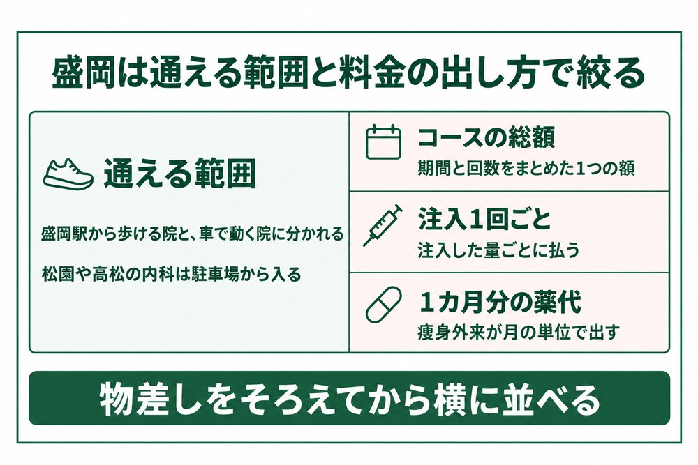 盛岡の医療ダイエットを通える範囲と料金の出し方で絞る図