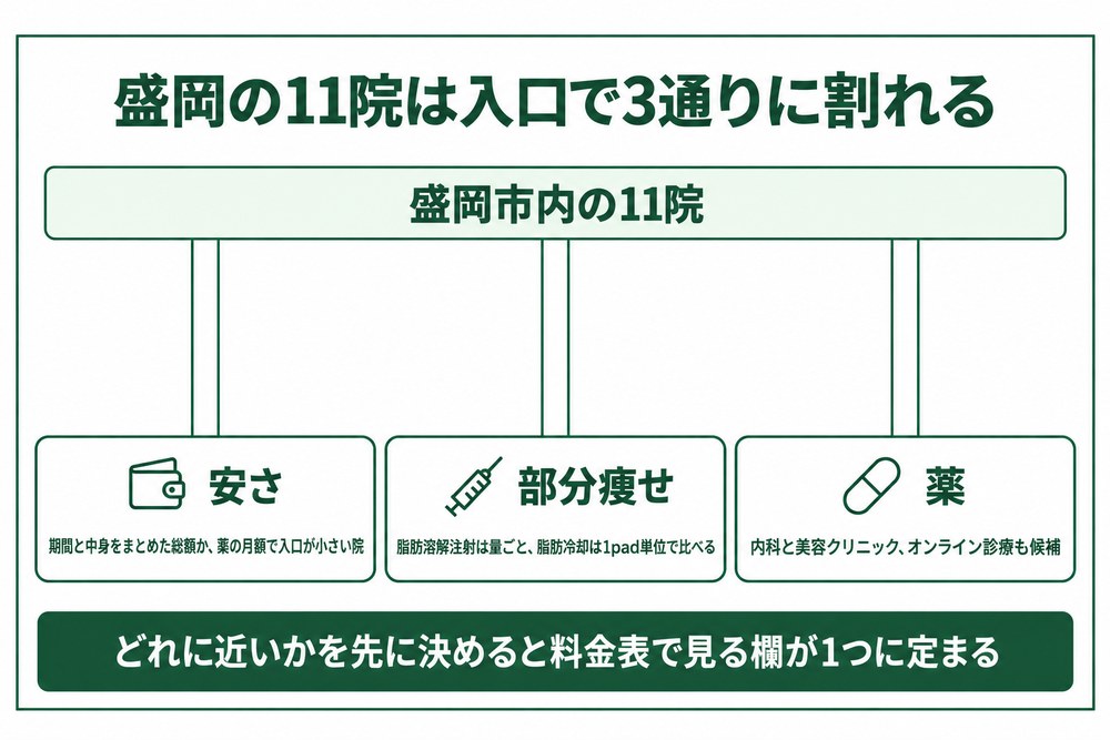 盛岡の医療ダイエットを安さと部分痩せと薬の3つの入口で選び分ける図