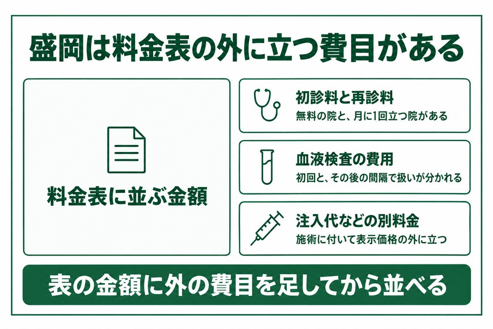 盛岡の医療ダイエットで薬代や施術費用のほかに足される費用を整理した図