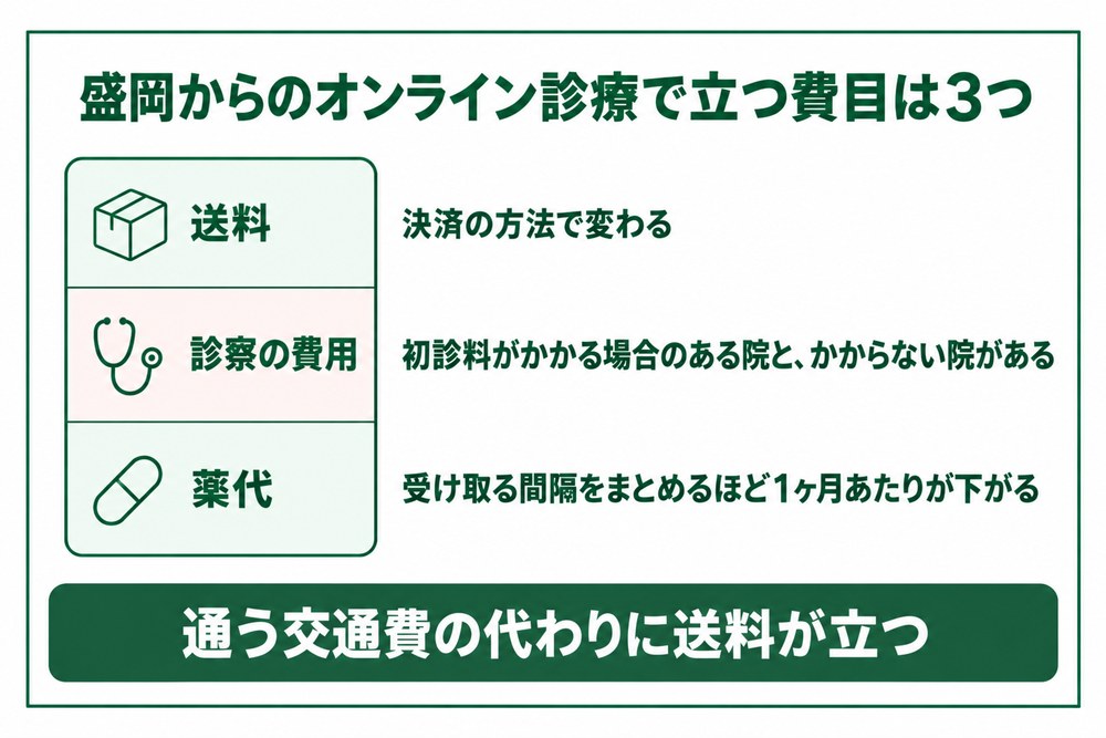 盛岡から使えるオンライン診療3社で立つ費目を同じ並びで比べた図