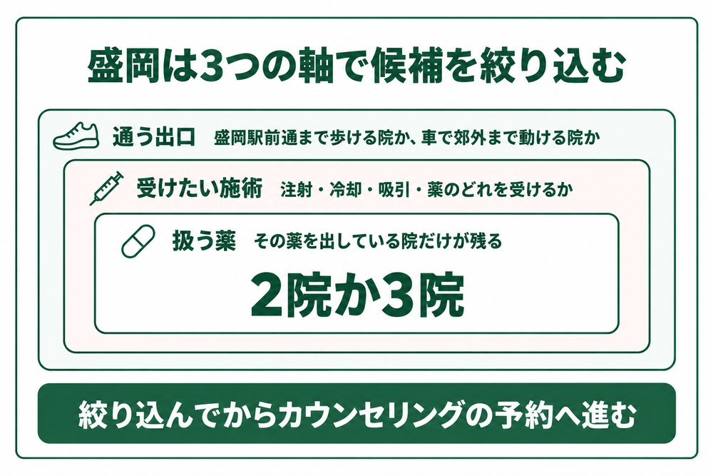 盛岡の医療ダイエットを通う出口と施術と薬の3つで絞り込む図